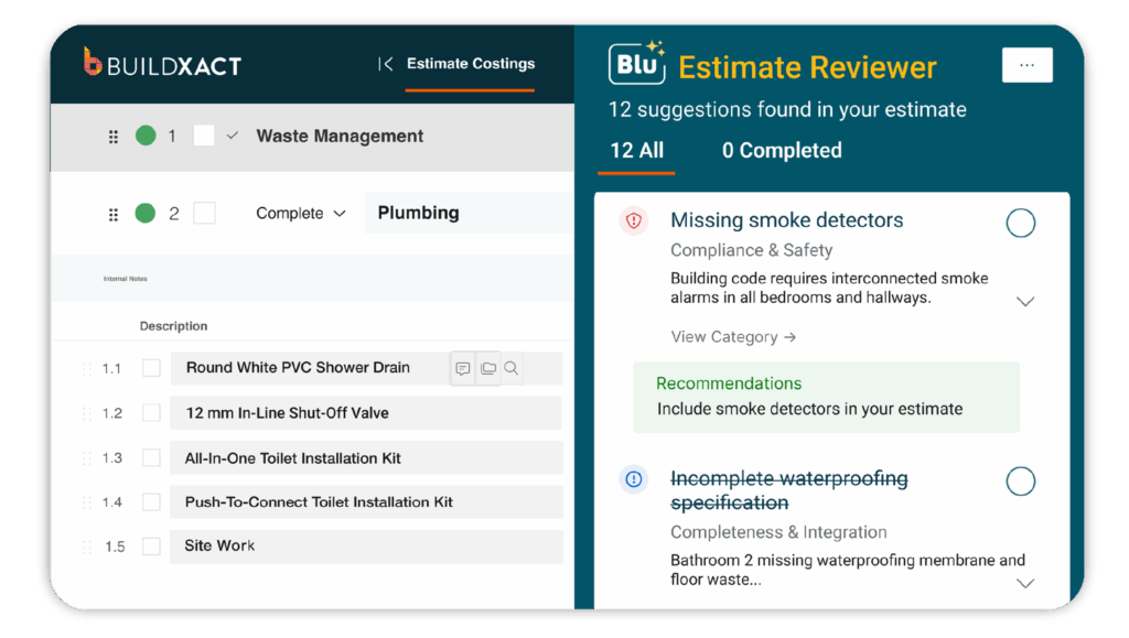 A concept showing how the Blu Building Assistant reviews estimates for errors
